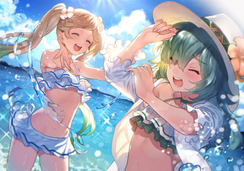 2girls, arms_up, bikini, blonde_hair, blush, choker, closed_eyes, cloud