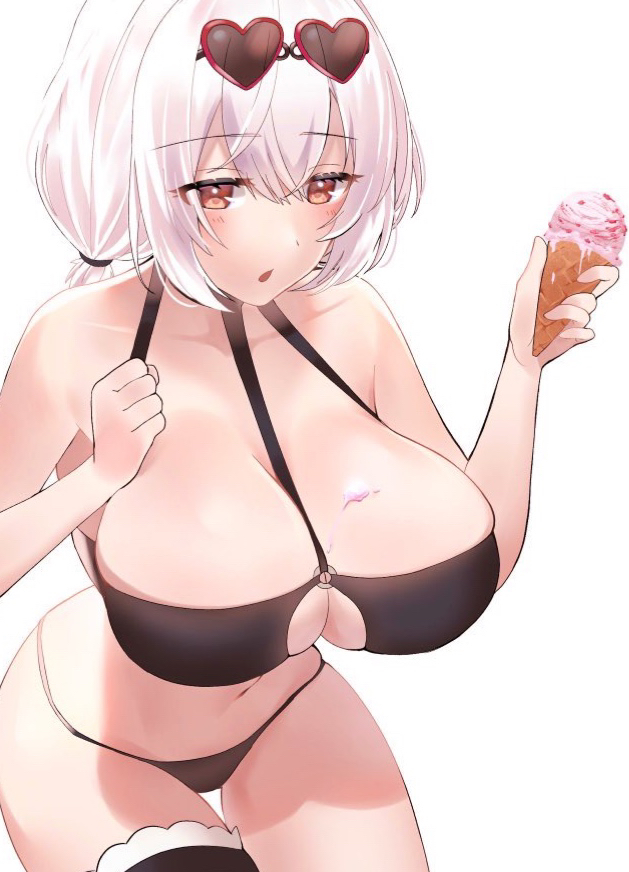 1girl, azur_lane, bikini, black_bikini, breasts, crossed_bangs, eyewear_on_head, female_focus, food, food_on_body, food_on_breasts, heart, heart-shaped_eyewear, ice_cream, ice_cream_cone, kia_(53y), large_breasts, o-ring, o-ring_bikini, o-ring_top, official_alternate_costume, red_eyes, short_hair, sirius_(azur_lane), sirius_(scorching-hot_seirios)_(azur_lane), solo, sunglasses, swimsuit, thigh_strap, white_background, white_hair