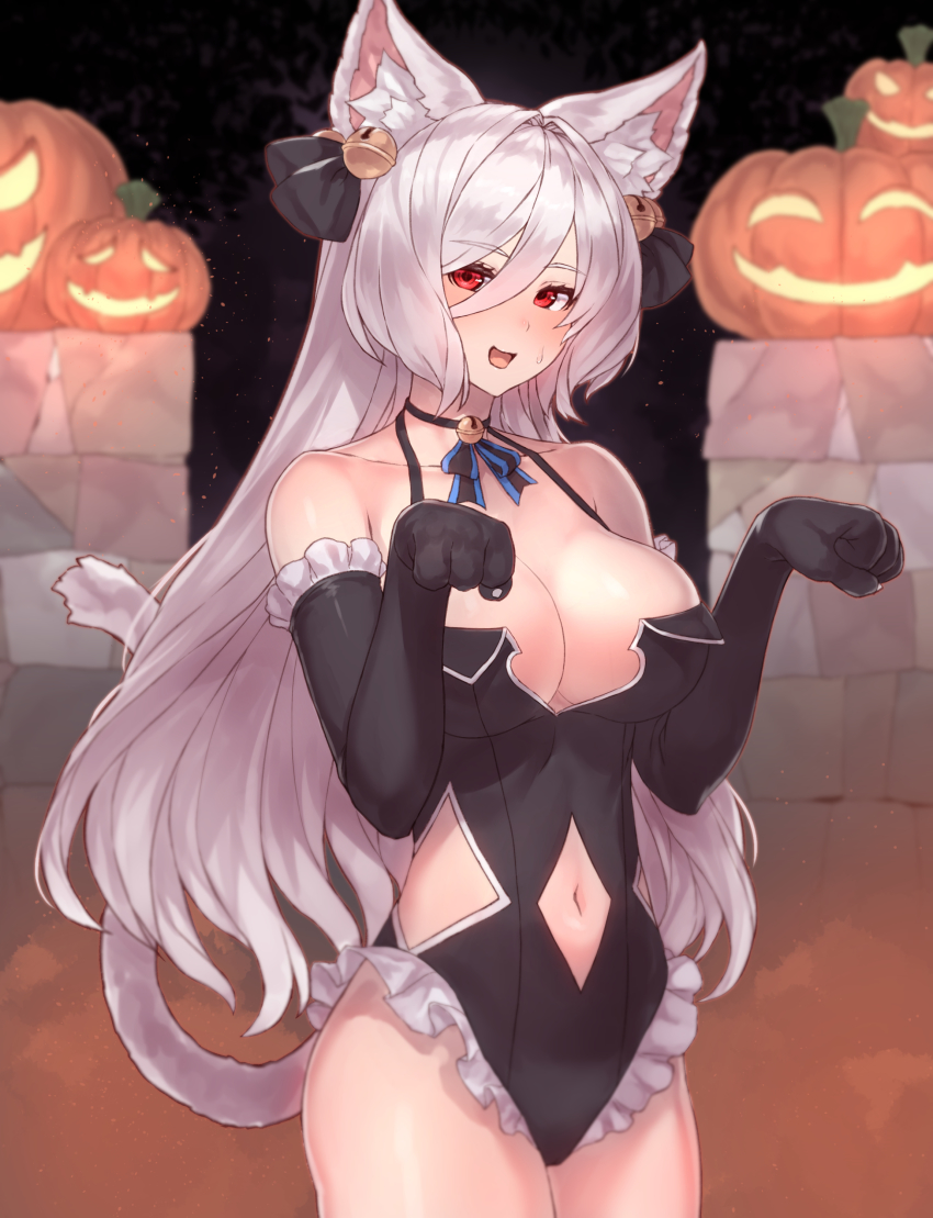 1girl, :d, absurdres, animal_ear_fluff, animal_ears, animal_hands, bare_shoulders, bell, black_gloves, black_leotard, blush, breasts, cat_ears, cat_girl, cat_tail, cleavage, clothing_cutout, collarbone, cosplay, cowboy_shot, elbow_gloves, embarrassed, eyelashes, frilled_gloves, frilled_leotard, frills, gloves, hair_bell, hair_between_eyes, hair_ornament, halloween, halterneck, highres, jack-o'-lantern, jingle_bell, king's_raid, kirze, kittysuit, large_breasts, leotard, lilia_(king's_raid), lilia_(king's_raid)_(cosplay), long_hair, looking_at_viewer, navel, navel_cutout, neck_bell, nervous_smile, nontraditional_playboy_bunny, open_mouth, paw_gloves, paw_pose, red_eyes, side_cutout, silver_hair, smile, solo, sweatdrop, swept_bangs, tail, yu_mochi_(kamiinu)