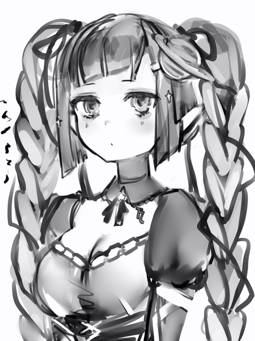 1girl, blush, braid, breasts, cleavage, closed_mouth, dress, greyscale, hair_ornament, hairclip, highres, hololive, jitome, juliet_sleeves, large_breasts, long_hair, long_sleeves, looking_at_viewer, monochrome, nanashi_(nlo), planet_hair_ornament, puffy_sleeves, sata_an, simple_background, solo, twin_braids, upper_body, virtual_youtuber, white_background