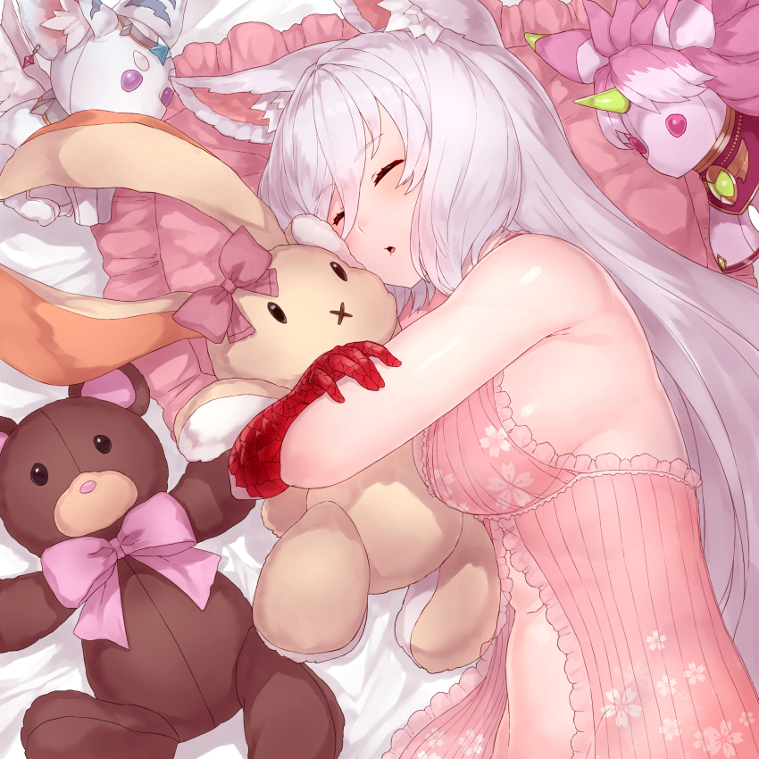 1girl, absurdres, animal_ear_fluff, animal_ears, armpit_crease, babydoll, bare_arms, bare_shoulders, breasts, cat_ears, cat_girl, cat_tail, chemise, closed_eyes, hugging_doll, eyelashes, hair_between_eyes, highres, king's_raid, kirze, large_breasts, long_hair, looking_at_viewer, loungewear, hugging_object, off_shoulder, on_bed, parted_lips, red_eyes, sideboob, silver_hair, sleeping, solo, stuffed_animal, stuffed_rabbit, stuffed_toy, stuffed_unicorn, swept_bangs, tail, teddy_bear, upper_body, yu_mochi_(kamiinu)