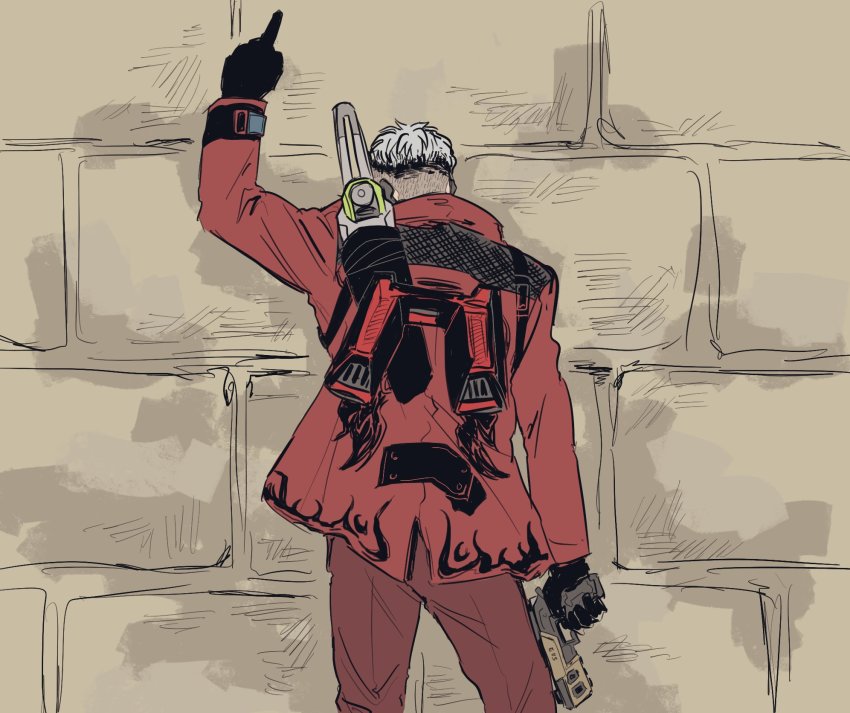 1boy, apex_legends, bad_id, bad_pixiv_id, black_gloves, crypto_(apex_legends), death, devil's_advocate_crypto, don't_you_ever_stop_(meme), formal_clothes, from_above, gloves, gun, gundam, gundam_tekketsu_no_orphans, handgun, highres, holding, holding_gun, holding_weapon, male_focus, meme, parody, pistol, pointing, pointing_up, red_suit, sa-3_mozambique, solo, suit, undercut, weapon, white_hair, y_(user_rjry7778)