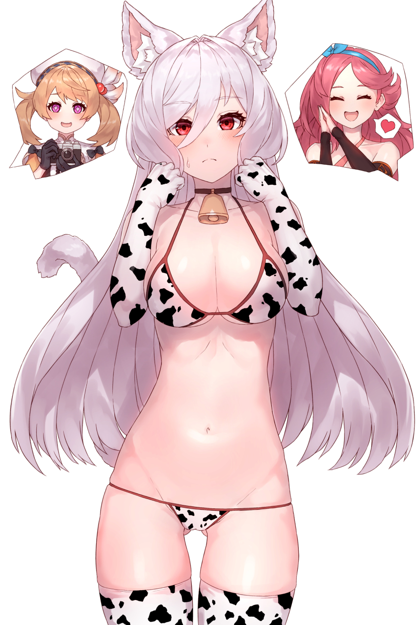 3girls, absurdres, animal_ear_fluff, animal_ears, animal_print, bare_shoulders, bell, bikini, breasts, cat_ears, cat_girl, cat_tail, cleavage, collar, collarbone, cow_print, cow_print_bikini, cowbell, cowboy_shot, elbow_gloves, eyelashes, gloves, groin, hair_between_eyes, highres, juno_(king's_raid), king's_raid, kirze, large_breasts, long_hair, looking_at_viewer, may_(king's_raid), multiple_girls, missing_wings, print_bikini, print_gloves, print_legwear, red_eyes, silver_hair, simple_background, skindentation, solo_focus, swept_bangs, swimsuit, tail, thigh_gap, thighhighs, thong_bikini, white_background, yu_mochi_(kamiinu)