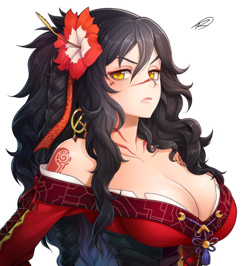1girl, arienne_(knights), bags_under_eyes, black_hair, breasts, cleavage, commission, commissioner_upload, earrings, flower, hair_between_eyes, hair_ornament, hair_ribbon, hayuk0, hibiscus, highres, jewelry, large_breasts, long_hair, looking_at_viewer, messy_hair, off_shoulder, original, ribbon, side_ponytail, solo, tattoo, transparent_background, upper_body, yellow_eyes
