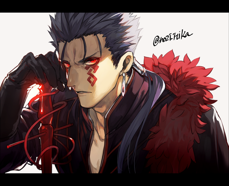 1boy, 2f_sq, black_gloves, black_shirt, blue_hair, cu_chulainn_(fate), cu_chulainn_alter_(fate), cu_chulainn_alter_(fate/grand_order), cu_chulainn_alter_(the_musketeers)_(fate), facial_mark, fate/grand_order, fate_(series), fur_trim, gloves, hair_over_shoulder, hair_strand, letterboxed, long_hair, looking_at_viewer, male_focus, ponytail, red_eyes, shirt, solo, tattoo, the_musketeers_(fate/grand_order), upper_body, white_background