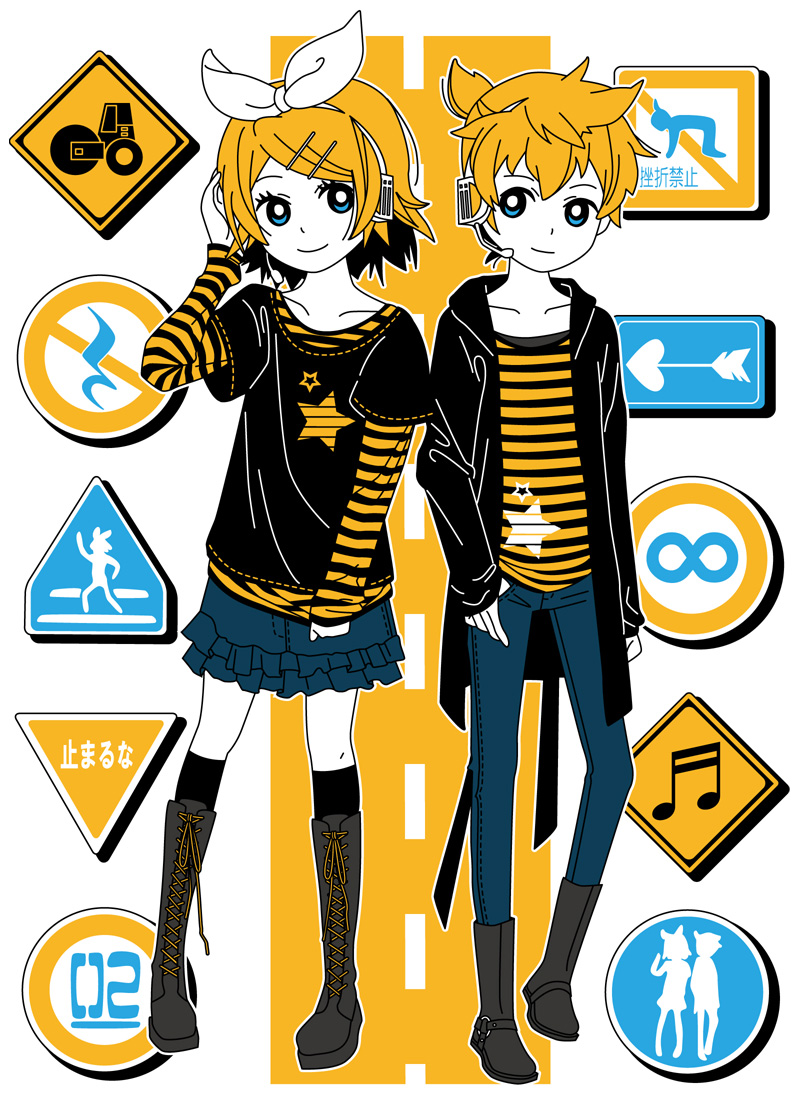 1boy, 1girl, blonde_hair, blue_eyes, boots, brother_and_sister, infinity_symbol, kagamine_len