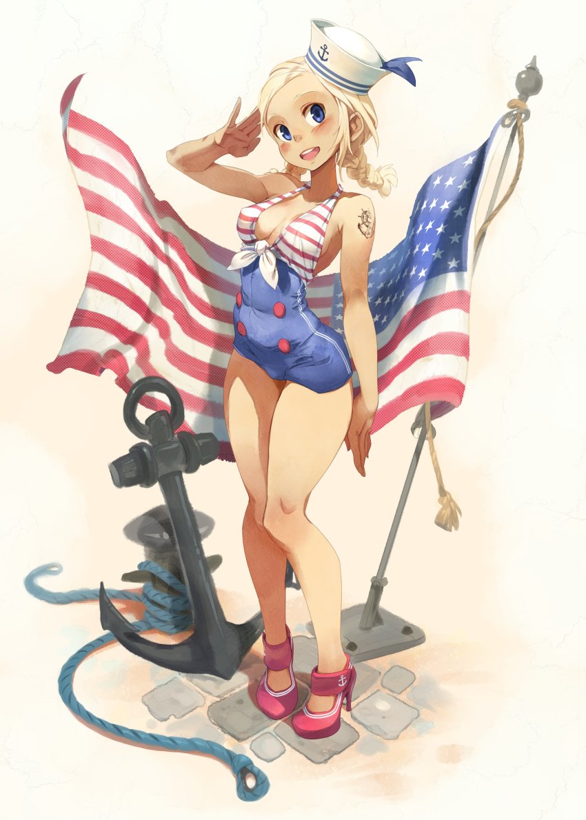 1girl, absurdres, american_flag, american_flag_bikini, american_flag_dress, american_flag_print, anchor, anchor_symbol, bikini, blonde_hair, blue_eyes, boots, buttons, double-breasted, dress, flag_print, flag_print_bikini, flagpole, hat, high_heel_boots, high_heels, highres, navy_cross, original, pink_legwear, print_bikini, rope, sailor_dress, sailor_hat, salute, solo, swimsuit, tattoo, thighs, xaxaxa