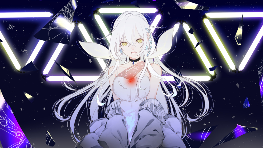 1girl, bare_shoulders, black_choker, blue_ribbon, choker, dress, earrings, grey_jacket