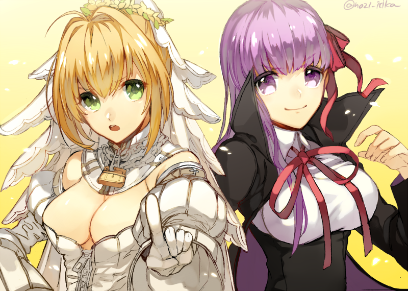 2f_sq, 2girls, :o, bb_(fate), bb_(fate/extra), blonde_hair, bow, breasts