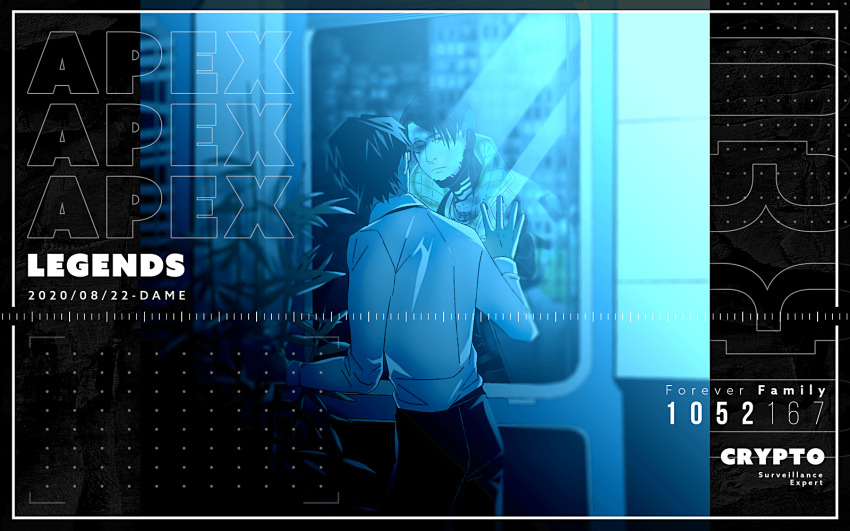 1boy, apex_legends, artist_name, character_name, collared_shirt, crypto_(apex_legends), cup, cyborg