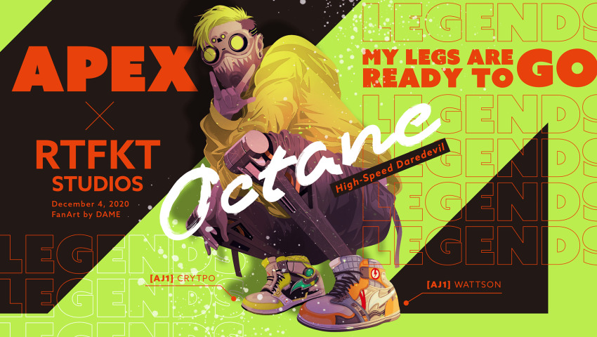 1boy, \n/, air_jordan, air_jordan_1, apex_legends, artist_name, black_shorts, character_name, copyright_name, dame_(dame_ice), dated, english_text, gloves, green_eyes, green_hair, green_hoodie, grey_gloves, hair_behind_ear, highres, hood, hoodie, looking_at_viewer, male_focus, mask, mouth_mask, octane_(apex_legends), shoes, shorts, sneakers, solo, squatting