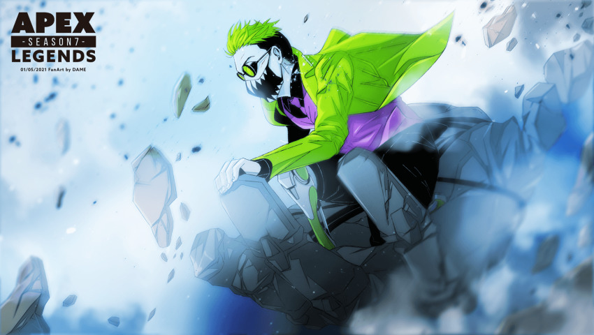 1boy, apex_legends, black_shirt, breaking, collared_shirt, copyright_name, dame_(dame_ice), falling