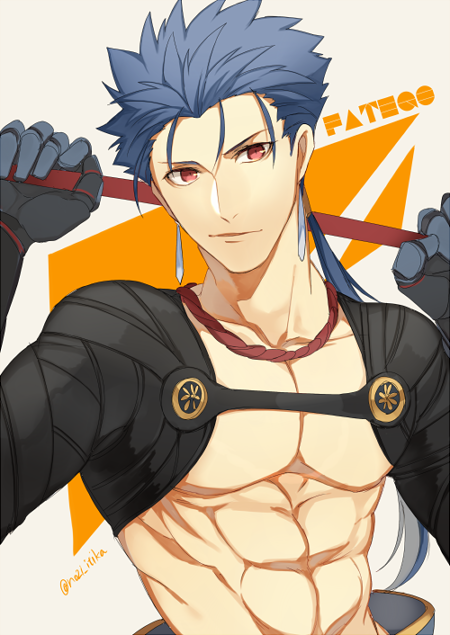 1boy, 2f_sq, abs, bare_pectorals, black_gloves, blue_hair, copyright_name, cosplay