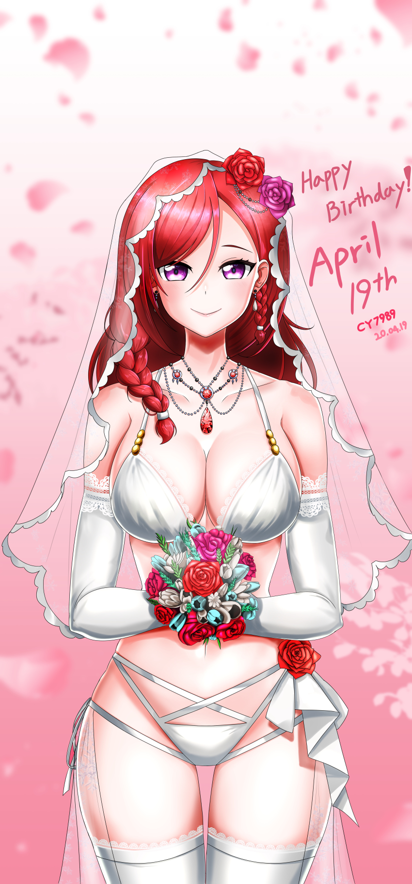 1girl, absurdres, aged_up, alternate_costume, alternate_hair_length, alternate_hairstyle, artist_name, bare_shoulders, blush, bouquet, bra, braid, breasts, bridal_veil, cleavage, collarbone, cy7989, dated, earrings, elbow_gloves, flower, gloves, hair_flower, hair_ornament, happy_birthday, highres, holding, holding_bouquet, huge_filesize, jewelry, large_breasts, looking_at_viewer, love_live!, love_live!_school_idol_project, medium_hair, navel, nishikino_maki, panties, petals, purple_eyes, purple_flower, purple_rose, red_flower, red_hair, red_rose, rose, side_braid, smile, solo, thigh_gap, thighhighs, underwear, veil, wedding, white_bra, white_gloves, white_panties, white_thighhighs