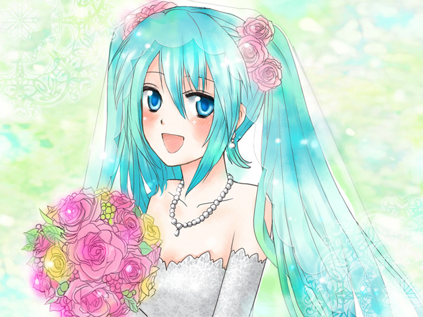aqua_eyes, aqua_hair, bad_id, bad_pixiv_id, bouquet, bride, dress, flower