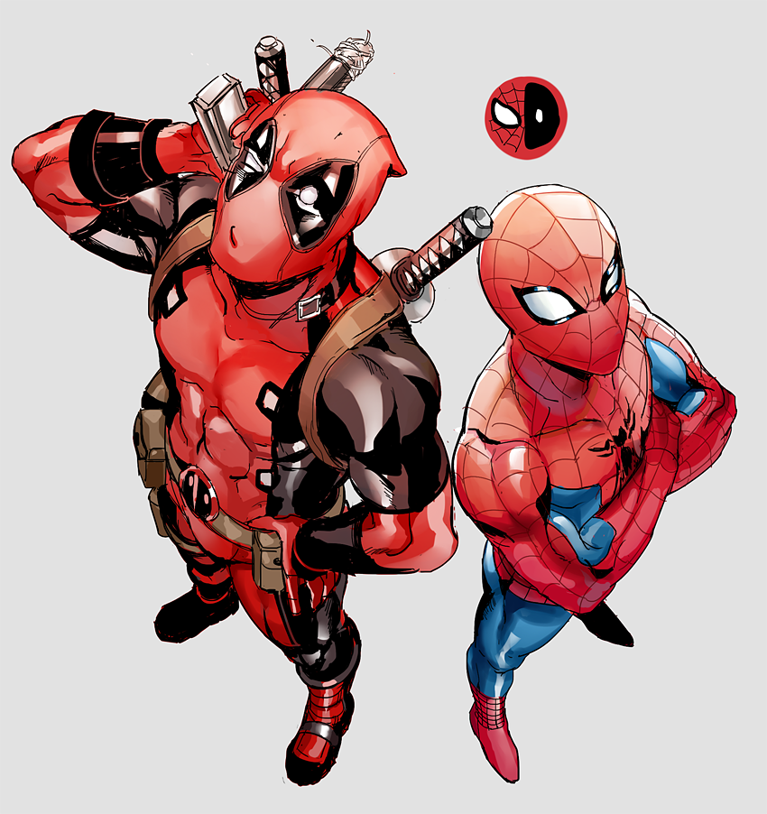 2boys, abs, bodysuit, crossed_arms, deadpool, deadpool_(series), from_above, gloves, katana, looking_up, male_focus, marvel, mask, multiple_boys, muscular, muscular_male, nashigawa, red_gloves, sheath, sheathed, spider-man, spider-man_(original_suit), spider-man_(series), superhero_costume, sword, weapon, weapon_on_back, white_eyes