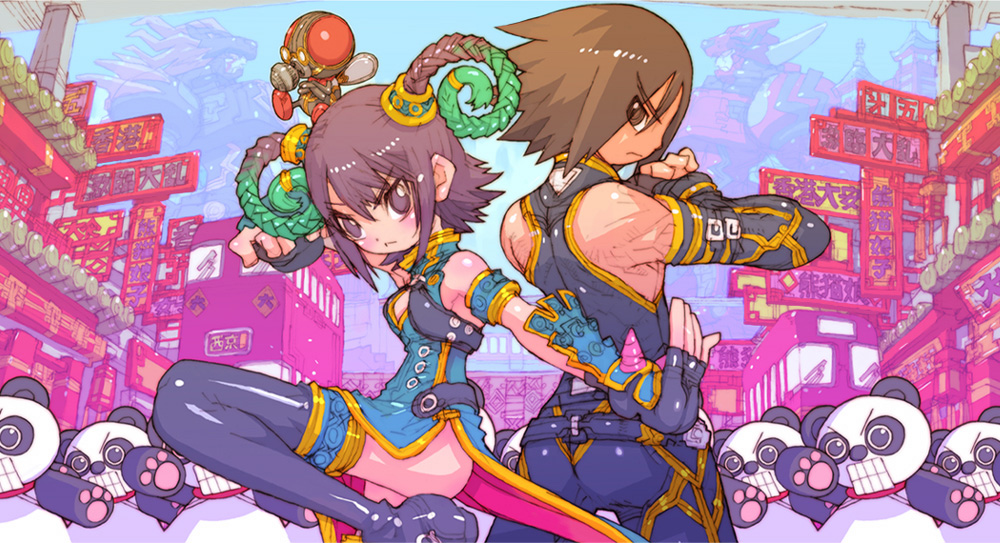 1boy, 1girl, animification, back-to-back, bae_(juuken_sentai_gekiranger), bare_shoulders, black_thighhighs, brown_hair