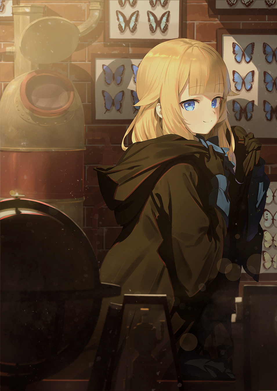 1girl, black_gloves, black_jacket, blonde_hair, blue_eyes, blunt_bangs, brick_wall, bug