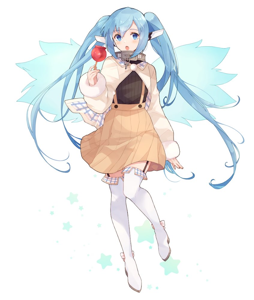 1girl, alternate_costume, aqua_hair, blue_eyes, boots, broken, broken_chain, candy_apple, chain, collar, female_focus, food, full_body, fur_trim, garter_straps, holding, holding_food, long_hair, long_sleeves, looking_at_viewer, nymph_(sora_no_otoshimono), open_mouth, robot_ears, shakemi_(sake_mgmgmg), sidelocks, simple_background, skirt, solo, sora_no_otoshimono, star_(symbol), suspender_skirt, suspenders, thigh_boots, thighhighs, twintails, white_background, white_boots, wings