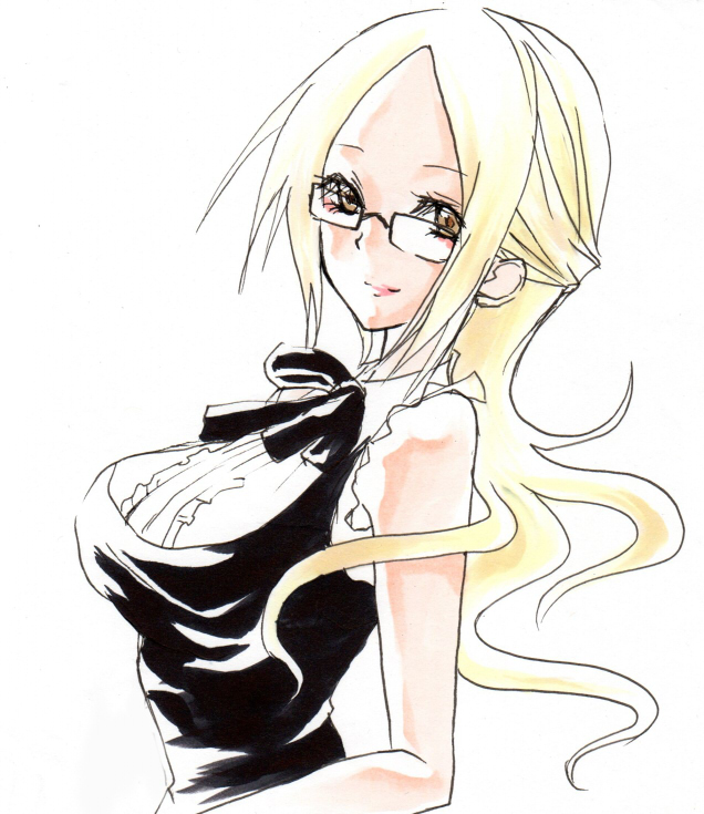 1girl, bad_id, bad_pixiv_id, blonde_hair, bow, breasts, brown_eyes, female_focus