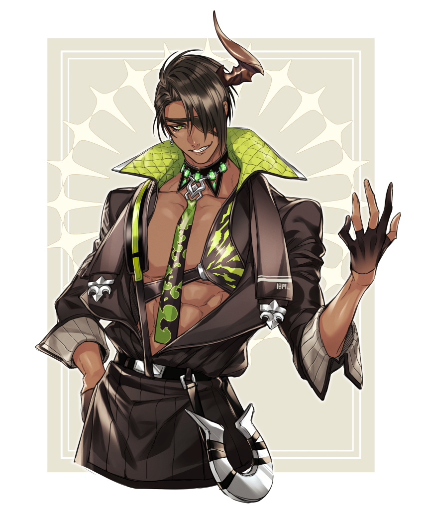 1girl, absurdres, aragami_oga, black_hair, dark-skinned_male, dark_skin, eyepatch, green_eyes