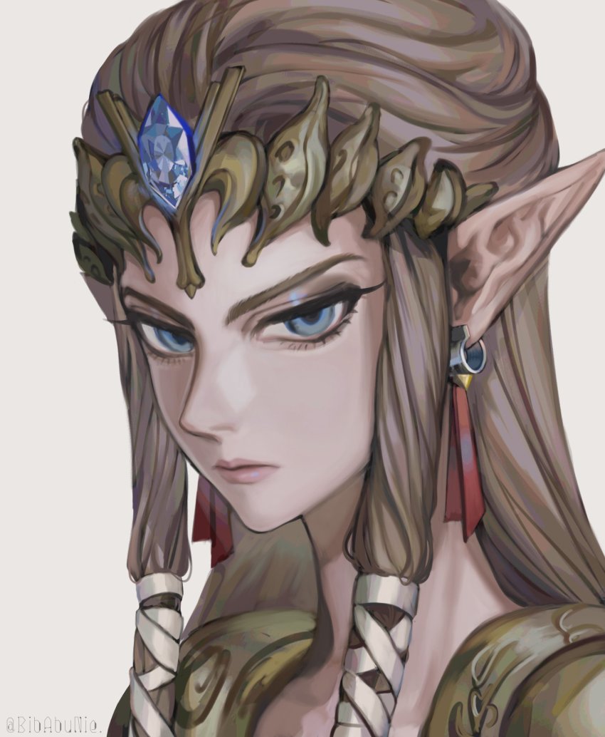 1girl, bibabunie, blue_eyes, brown_hair, closed_mouth, commentary, diadem, earrings, english_commentary, grey_background, hair_ribbon, highres, jewelry, lips, long_hair, looking_at_viewer, nintendo, pointy_ears, princess_zelda, ribbon, sidelocks, simple_background, solo, the_legend_of_zelda, the_legend_of_zelda:_twilight_princess, tiara, twitter_username, upper_body