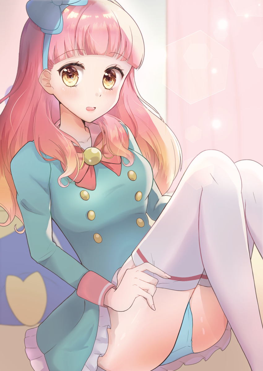 1girl, absurdres, adjusting_clothes, adjusting_legwear, aikatsu!_(series), aikatsu_friends!, aqua_dress, bad_id, bad_pixiv_id, bed, blue_bow, blue_hairband, blue_panties, blunt_bangs, blurry, blurry_background, blush, bow, bowtie, brown_eyes, buttons, collarbone, commentary_request, curtains, depth_of_field, double-breasted, dress, drill_hair, frilled_dress, frills, gradient_hair, hair_bow, hair_over_shoulder, hairband, highres, indoors, knees_up, kowano, legs_together, lens_flare, long_hair, long_sleeves, looking_at_viewer, multicolored_hair, on_bed, open_mouth, orange_hair, panties, pantyshot, pillow, pink_bow, pink_bowtie, pink_hair, pink_lips, school_uniform, shiny_skin, sideways_glance, sitting, solo, star_harmony_academy_school_uniform, thighhighs, underwear, yuki_aine, zettai_ryouiki