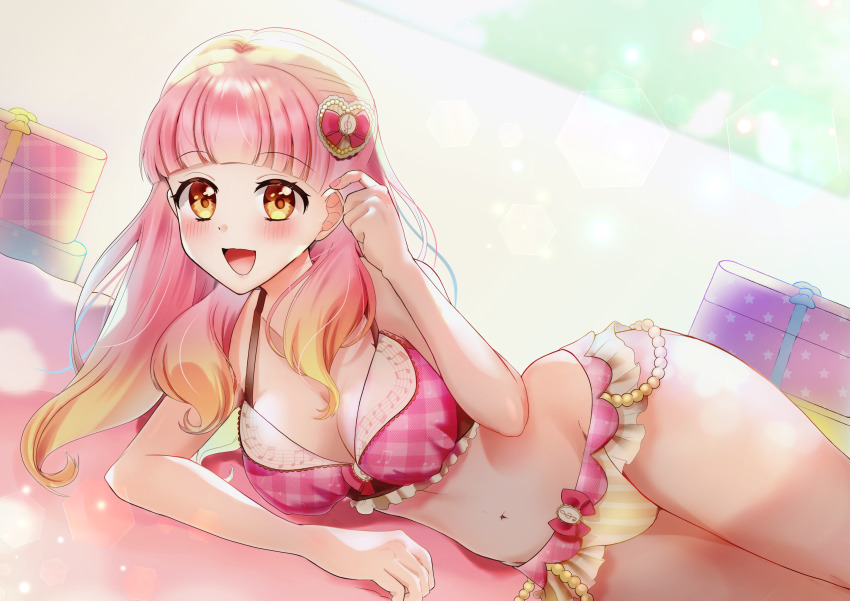 1girl, :d, absurdres, aikatsu!_(series), aikatsu_friends!, arm_rest, bad_id, bad_pixiv_id, bare_arms, bare_legs, bare_shoulders, beamed_eighth_notes, beamed_sixteenth_notes, blunt_bangs, blurry, blurry_background, blush, box, bra, breasts, brown_eyes, checkered_bra, checkered_clothes, checkered_panties, cleavage, commentary_request, depth_of_field, dutch_angle, eighth_note, elbow_rest, fortissimo, frilled_bra, frilled_panties, frills, gift, gift_box, gradient_hair, groin, hair_ornament, hair_over_shoulder, halterneck, heart, heart_hair_ornament, highres, kowano, large_breasts, lens_flare, lingerie, long_hair, looking_at_viewer, lying, midriff, multicolored_hair, musical_note, musical_note_hair_ornament, nail_polish, navel, on_bed, on_side, open_mouth, orange_hair, panties, pink_bra, pink_hair, pink_lips, pink_nails, pink_panties, quarter_note, smile, solo, stomach, thick_thighs, thighs, treble_clef, underwear, yuki_aine