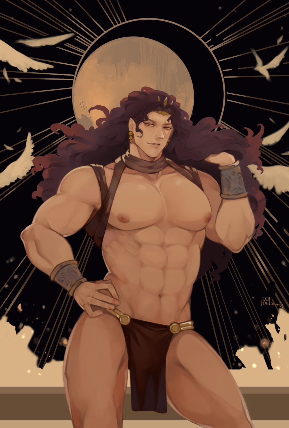 1boy, abs, battle_tendency, biceps, bird, bracelet, circlet, collarbone