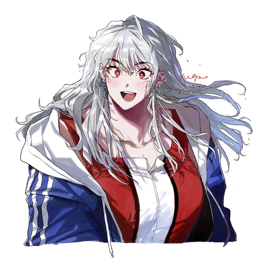 1girl, blonde_hair, breasts, cross_earrings, dorohedoro, earrings, highres, inverted_cross, inverted_cross_earrings, jacket, jewelry, long_hair, looking_at_viewer, muscular, muscular_female, noi_(dorohedoro), odagorom, red_eyes, shirt, simple_background, smile, solo, white_hair