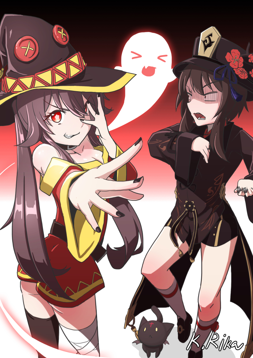 2girls, absurdres, bandaged_leg, bandages, belt, black_cat, black_choker, black_headwear, black_legwear, black_nails, black_shorts, brown_hair, cat, chinese_clothes, choker, chomusuke, commentary_request, cosplay, costume_switch, crossover, dress, flower, full_body, genshin_impact, ghost, hair_between_eyes, hat, hat_flower, hat_ornament, highres, hu_tao_(genshin_impact), jewelry, kirika_(kirika1677), kono_subarashii_sekai_ni_shukufuku_wo!, korean_commentary, long_hair, long_sleeves, looking_at_viewer, megumin, multiple_girls, multiple_rings, nail_polish, open_mouth, red_dress, red_eyes, red_flower, ring, scared, shorts, signature, simple_background, single_thighhigh, smirk, standing, symbol-shaped_pupils, tailcoat, takahashi_rie, teeth, thighhighs, two-tone_background, voice_actor_connection, witch_hat