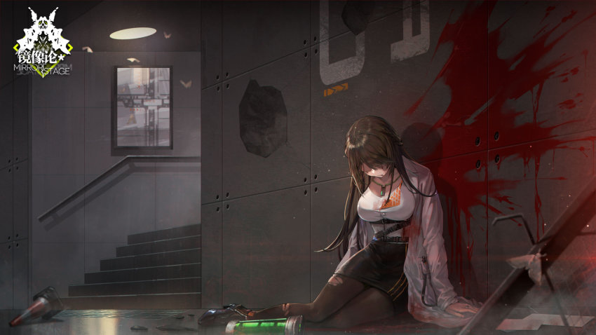 1girl, artist_request, black_pantyhose, black_skirt, blood, blood_splatter, bottle, breasts, brown_hair, bug, butterfly, coat, concrete, cone, corpse, death, deep_wound, game_cg, girls'_frontline, grey_background, high_heels, highres, id_card, injury, insect, lab_coat, large_breasts, leone_(girls'_frontline), light_particles, logo, long_hair, map, official_art, pantyhose, pencil_skirt, pendulum, shirt, skirt, spoilers, stairs, torn_clothes, torn_legwear, white_coat, white_shirt