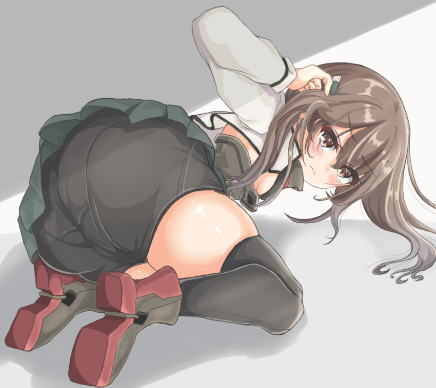 1girl, ass, bike_shorts, black_thighhighs, bob_cut, brown_eyes, brown_hair, commentary_request