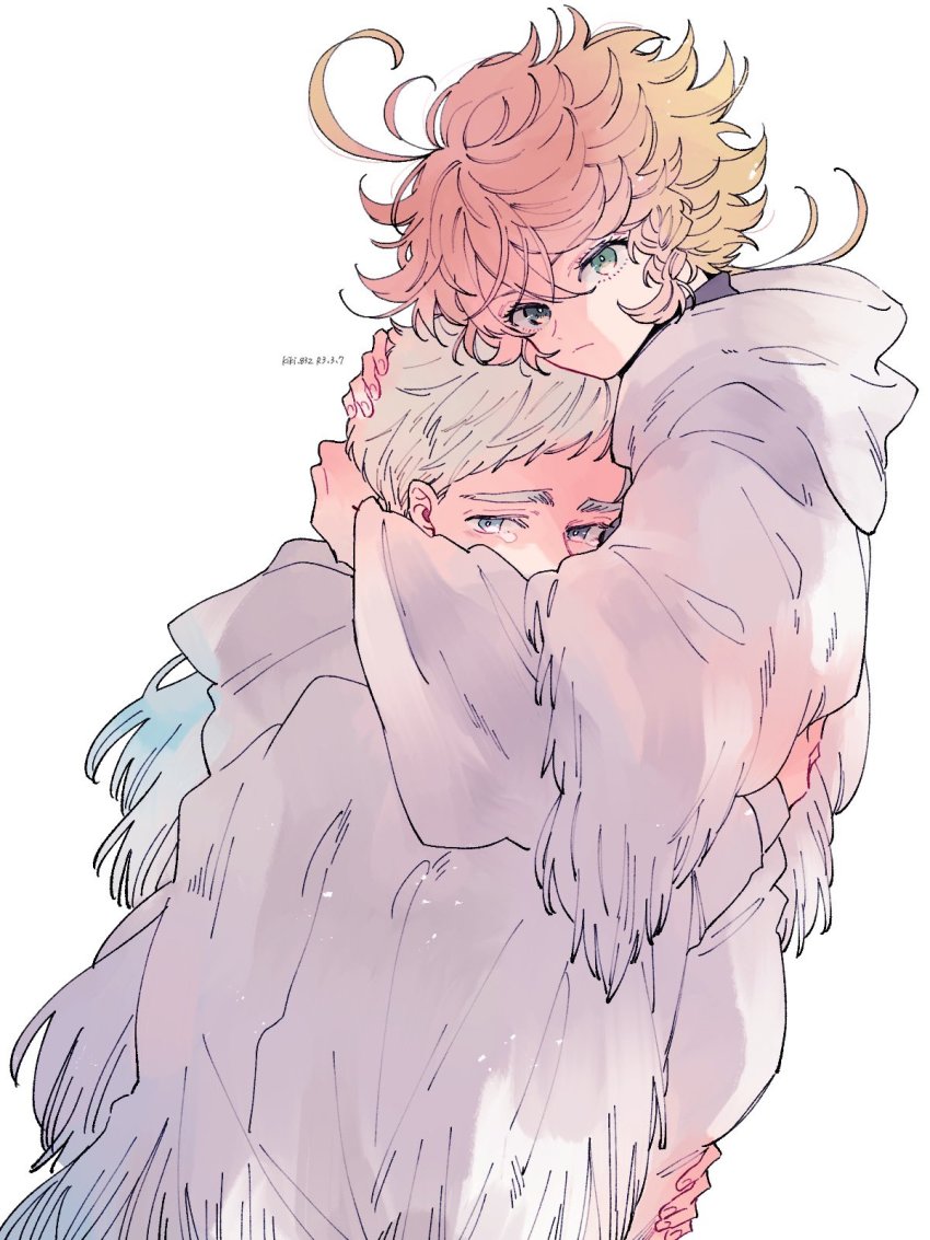 1boy, 1girl, antenna_hair, closed_mouth, collar, commentary_request, couple, ei_(gibeon), emma_(yakusoku_no_neverland), from_side, green_eyes, grey_eyes, hair_between_eyes, hand_on_another's_head, hetero, highres, hood, hood_down, hooded_robe, hug, long_sleeves, looking_at_viewer, norman_(yakusoku_no_neverland), orange_hair, robe, short_hair, simple_background, tears, thick_eyebrows, translation_request, white_background, white_hair, white_robe, wide_sleeves, yakusoku_no_neverland