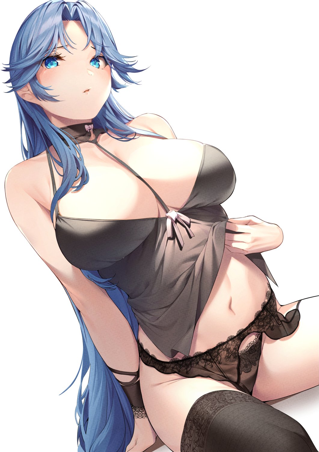 1girl, amagimei, azur_lane, bare_shoulders, black_neckwear, black_thighhighs, blue_eyes, blue_hair