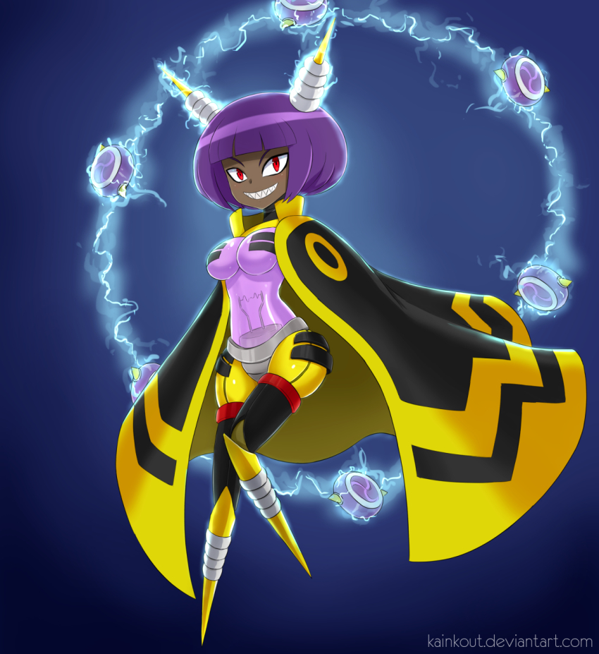 1girl, 2016, android, blue_background, bob_cut, breasts, cape, dark-skinned_female, dark_skin, dynatron_(mighty_no._9), electricity, highres, horns, kainkout, light_bulb, mighty_no._9, purple_hair, red_eyes, sharp_teeth, short_hair, smile, solo, teeth