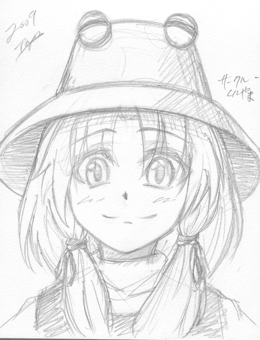 1girl, female_focus, greyscale, hat, highres, monochrome, moriya_suwako, sketch