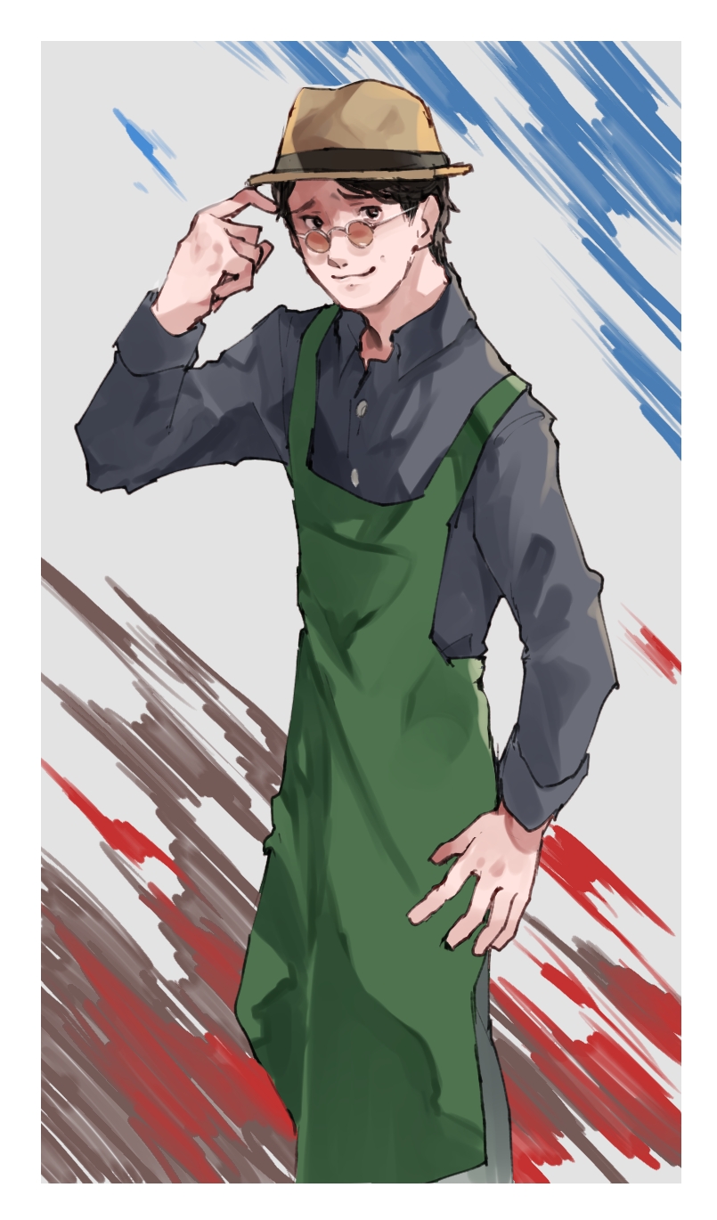 1boy, apron, black_hair, black_shirt, border, brown_eyes, brown_hat, buttons