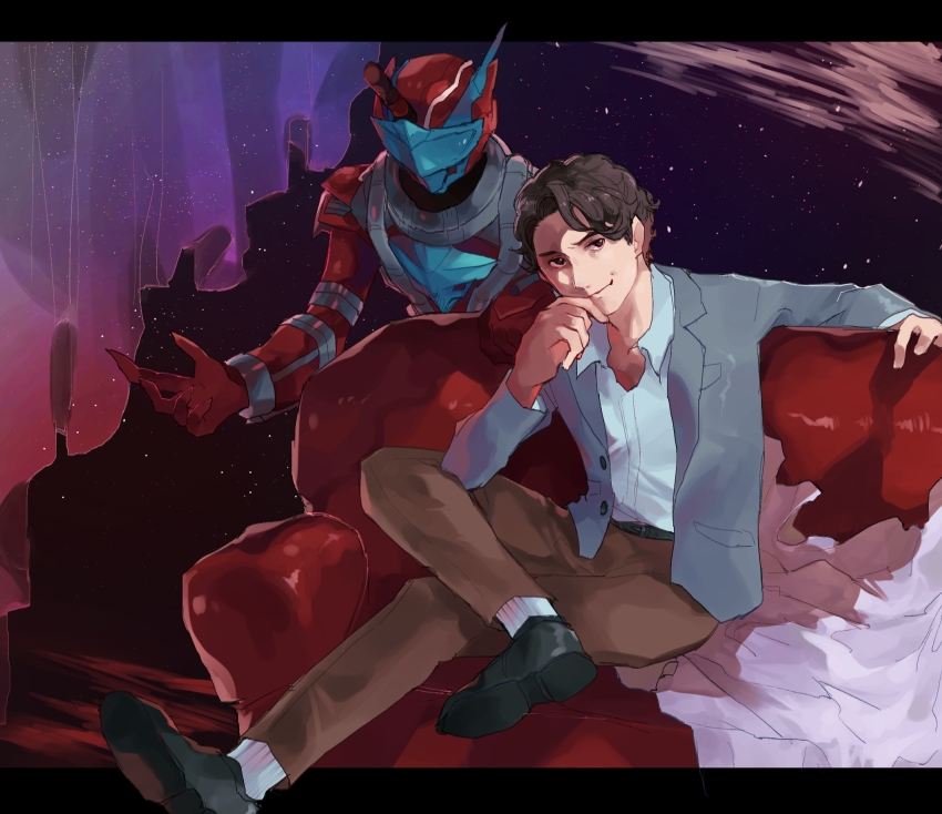 2boys, arm_rest, arm_up, asymmetrical_bangs, belt, black_footwear, blood_stalk, blue_jacket