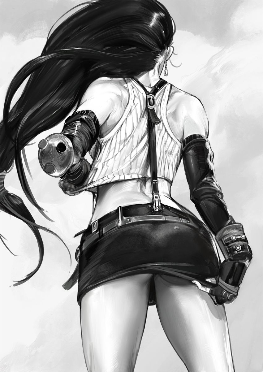 1girl, ass, back, bad_id, bad_twitter_id, crop_top, cropped_legs, earrings, elbow_gloves, elbow_pads, final_fantasy, final_fantasy_vii, fingerless_gloves, from_behind, gloves, greyscale, highres, jewelry, long_hair, lorenzo_nuti, low-tied_long_hair, miniskirt, monochrome, skirt, skirt_tug, solo, standing, suspenders, tank_top, tifa_lockhart, upskirt, very_long_hair
