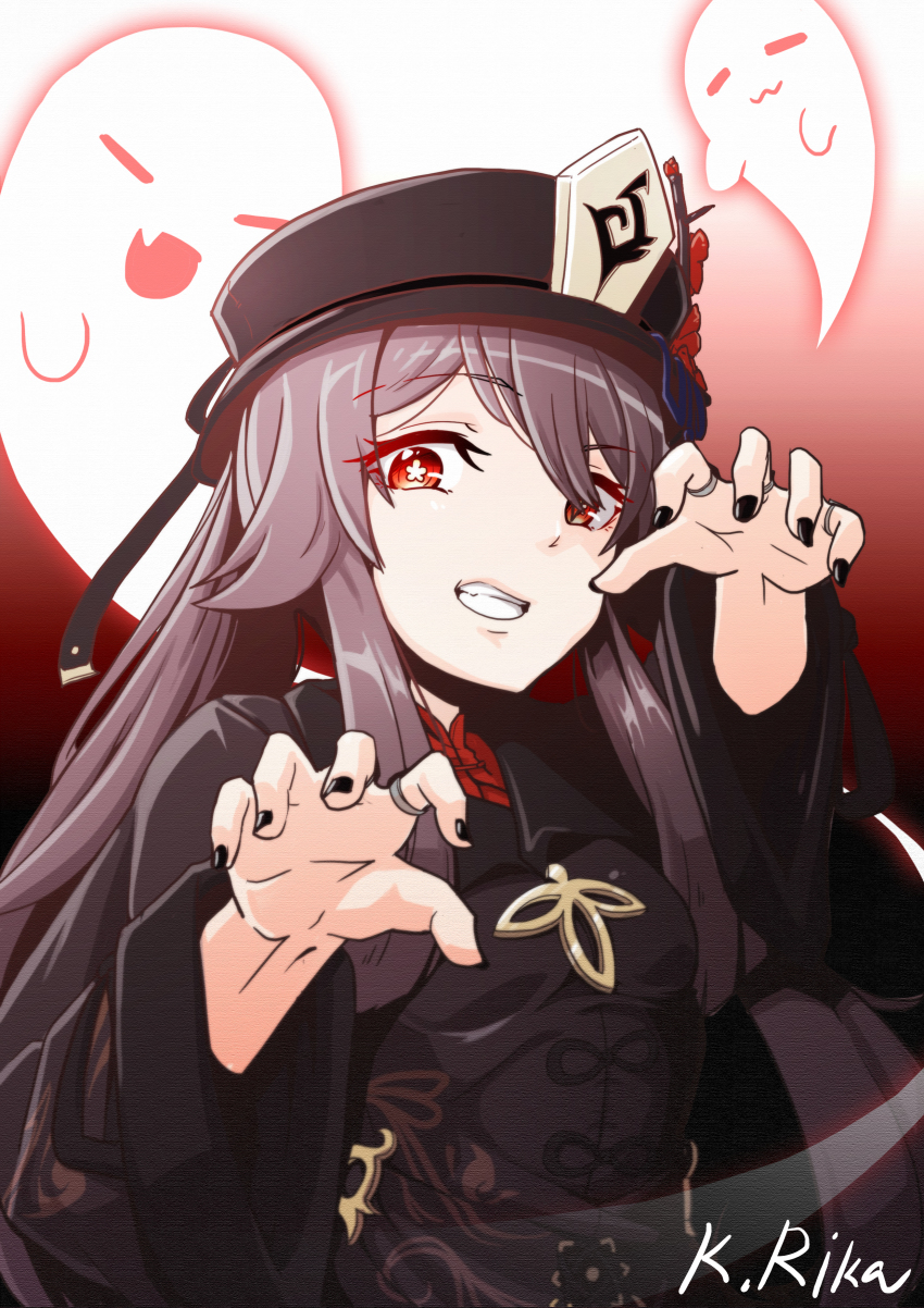 1girl, absurdres, black_hat, black_nails, brown_hair, chinese_clothes, commentary_request, genshin_impact