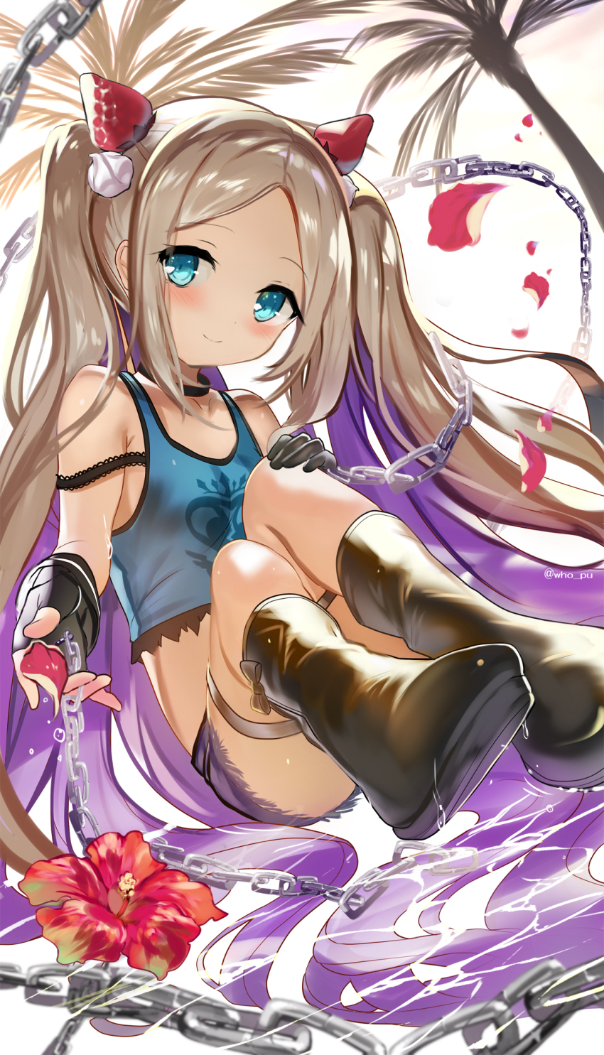 1girl, asymmetrical_gloves, bare_shoulders, black_gloves, blonde_hair, blue_eyes, blue_shirt, blush