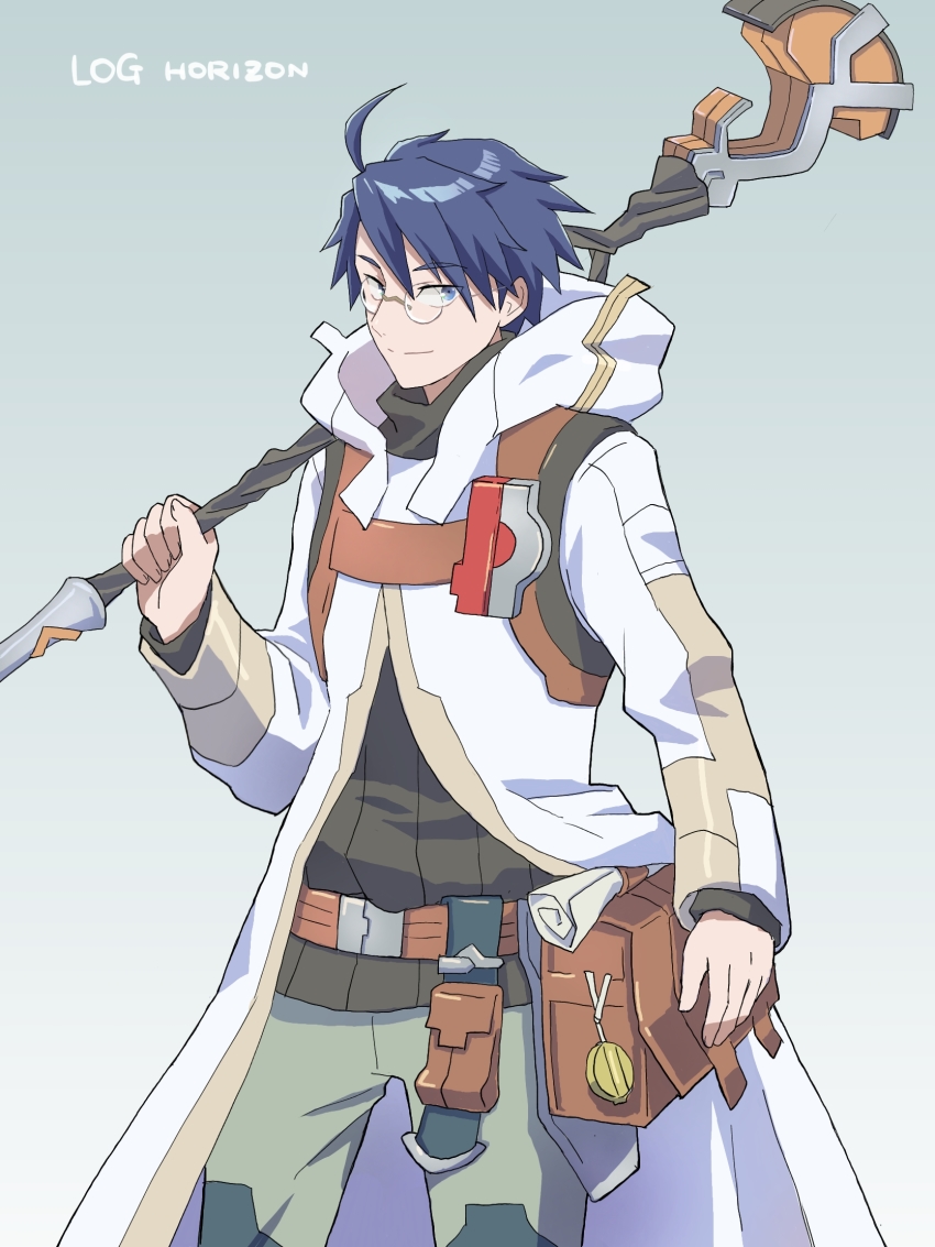 1boy, ahoge, belt_pouch, black_shirt, blue_eyes, blue_hair, copyright_name, glasses, grey_background, highres, holding, holding_weapon, hood, hood_down, light_smile, log_horizon, long_sleeves, male_focus, pants, pouch, robe, scroll, shiroe_(log_horizon), shirt, simple_background, solo, staff, standing, tetena18, weapon