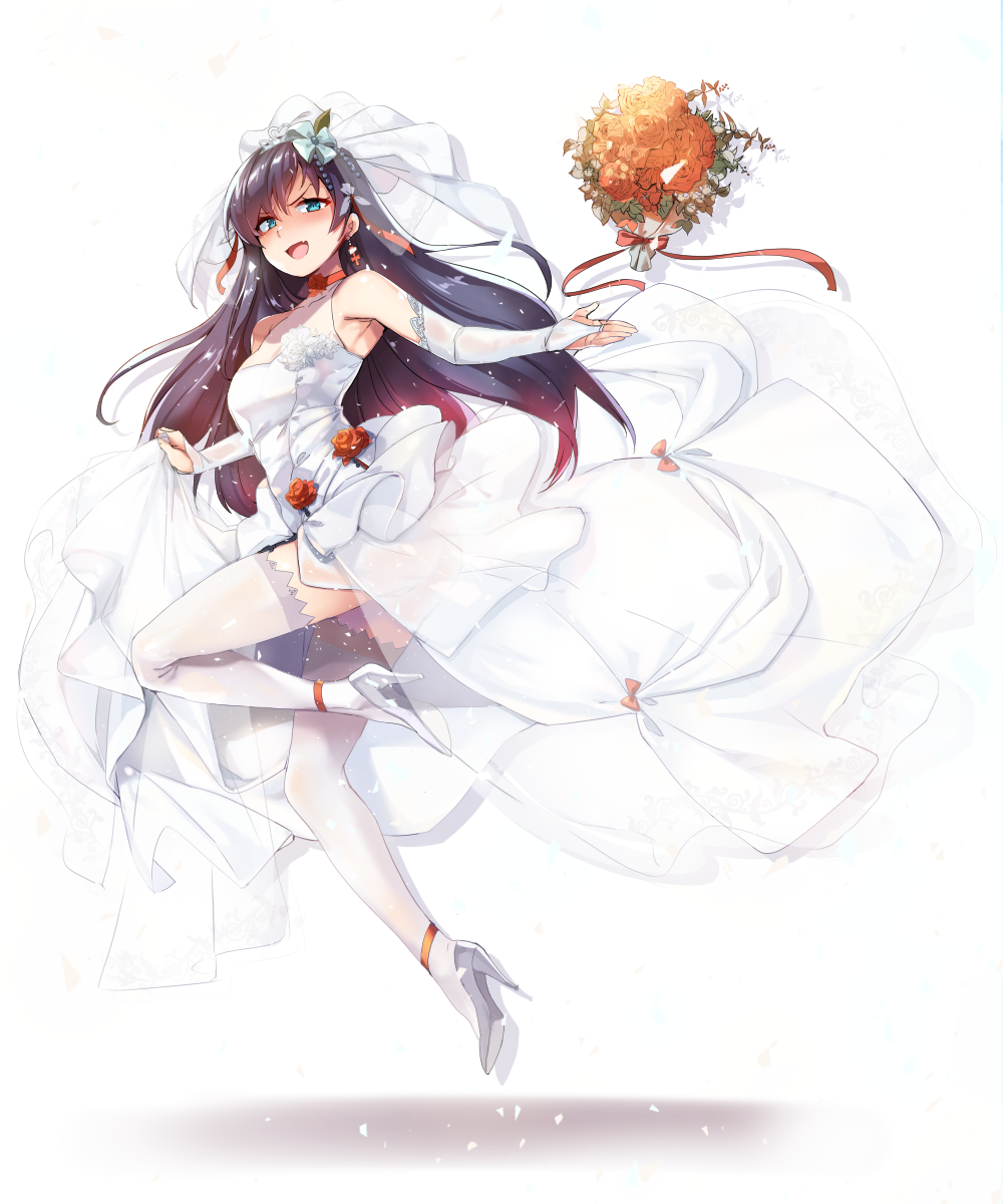 1girl, alternate_costume, aqua_eyes, bare_shoulders, black_hair, blush, bouquet, bridal_gauntlets