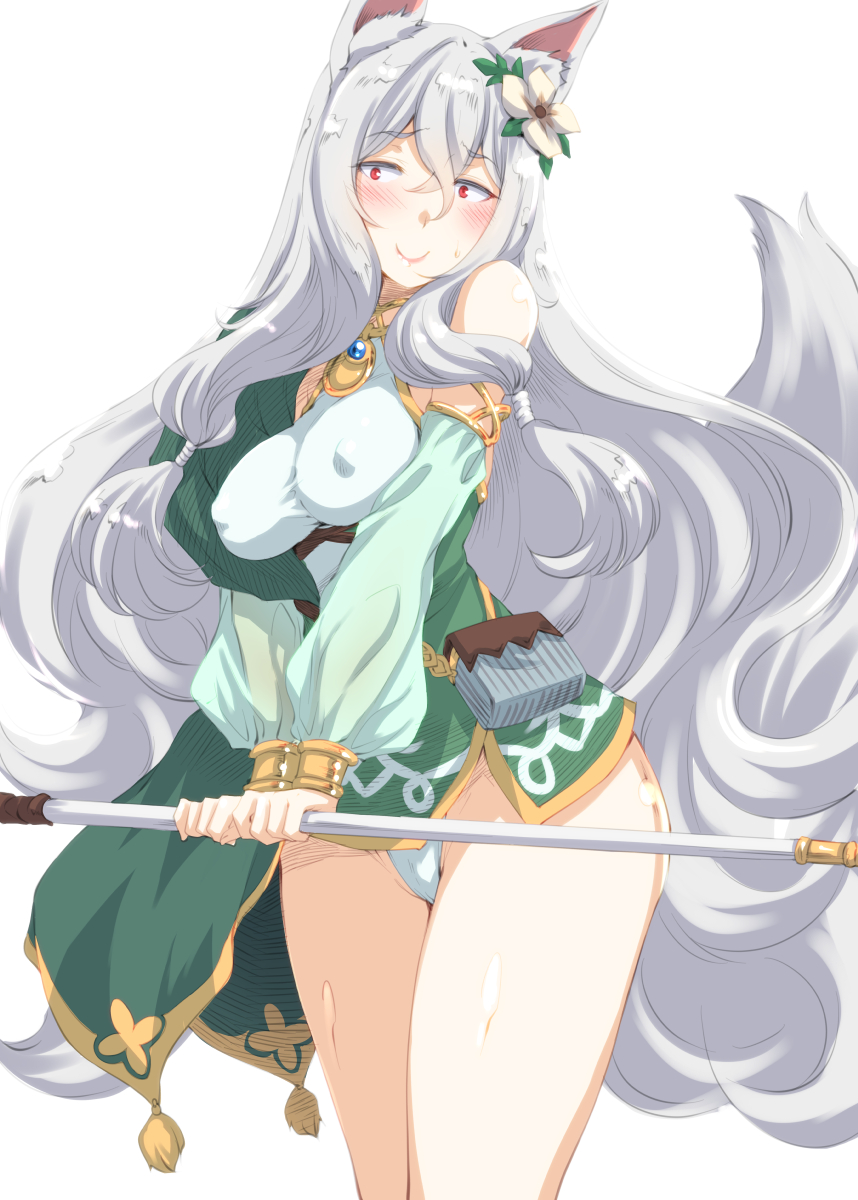 1girl, alternate_costume, animal_ear_fluff, animal_ears, bare_shoulders, blush, breasts, cosplay