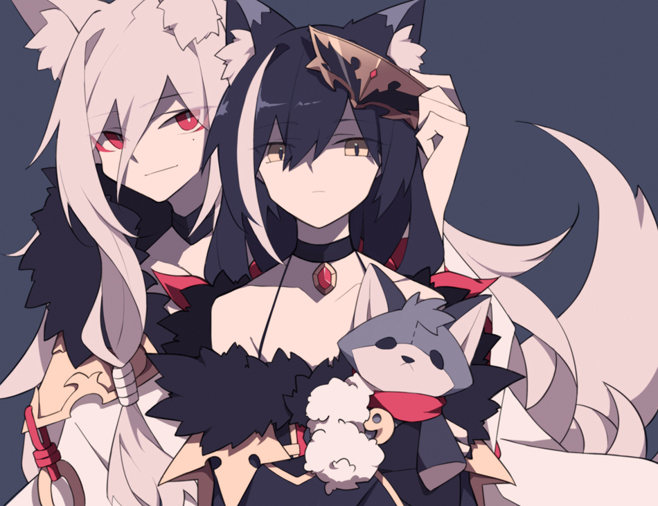 2girls, alternate_eye_color, animal_ear_fluff, animal_ears, bad_id, bad_pixiv_id, bare_shoulders, black_hair