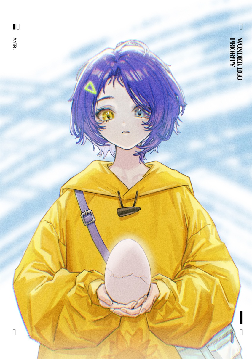 1girl, ange-yi, artist_name, bag, baggy_clothes, blue_eyes, blue_hair, commentary