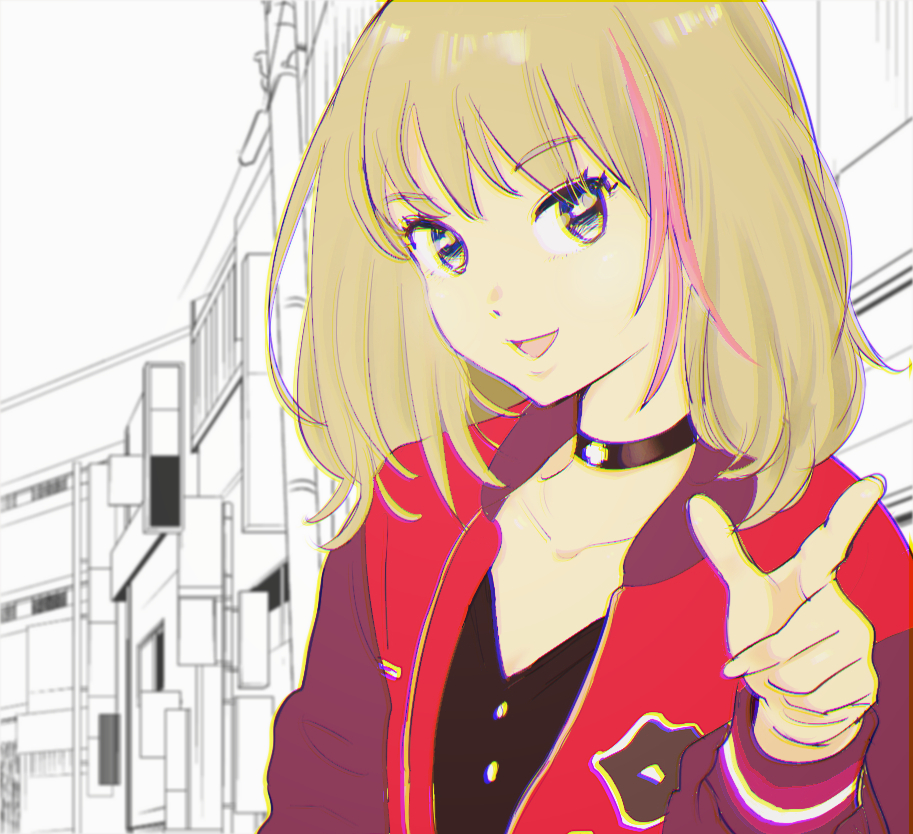 1girl, :d, black_choker, black_shirt, blonde_hair, blue_eyes, choker, chromatic_aberration, collarbone, cross, cross_choker, dot_nose, jacket, kawai_rika, long_sleeves, looking_at_viewer, medium_hair, miyuki_(hoshikuzumiyuki), monochrome_background, multicolored_hair, open_mouth, outdoors, pink_hair, pointing, red_jacket, shirt, smile, solo, streaked_hair, upper_body, wonder_egg_priority