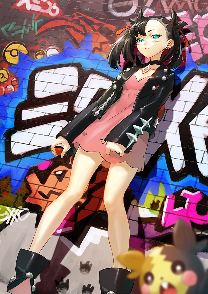 1girl, ankle_boots, black_choker, black_footwear, black_hair, black_jacket, black_nails, blush