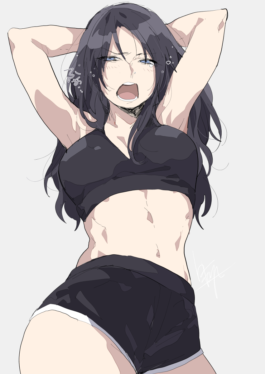 1girl, absurdres, alternate_costume, alternate_hairstyle, animification, annoyed, apex_legends, armpits, arms_behind_head, black_hair, blue_eyes, breasts, cleavage, grey_background, highres, long_hair, looking_down, medium_breasts, open_mouth, shirasu_uni, short_shorts, shorts, sketch, solo, sports_bra, wraith_(apex_legends)